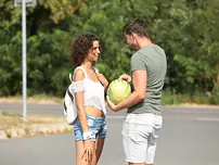 Curly-haired New-cummer Bunny Love Pleasuring Her Beau Outdoors