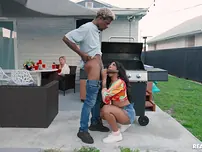 India Lordhefner Elations Her Bulky Dark-hued Lover Outdoors