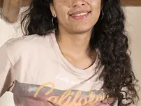 Super-cute Maria F takes off and plays with her long labia hair on the bed