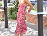 American ultra-cutie Reina poses in her long dress and takes off bare in public
