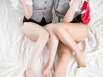 Hot japanese stewardess get naked and give footjob with their great legs