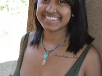 Dark-hued girl Diana Braset unsheathes her all-natural mounds & wooly labia on a terrace