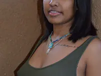 Dark-hued girl Diana Braset unsheathes her all-natural mounds & wooly labia on a terrace