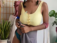 Pretty black damsel Selena D flashing her sexy globes & dark nips