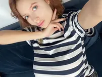 Lovely blue spotted stunner with gigantic bosoms Alissia Stunner poses in inviting garbs
