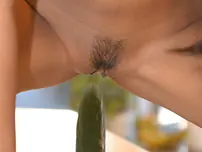 Exotic solo nymph gets active with veggie & fruit sticking in the kitchen