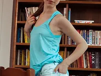 Desirable teenager Jasmina gets nude on her desk and introduces her smooth-shaven cootchie