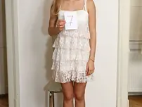 Light-haired teenage Zazie Skymm takes off and demonstrates her clean-shaven vag at the audition