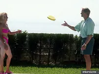 Towheaded damsel from the 80s gets doused in jizm after a poolside poke