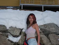 Wonderful Indian nubile poses on snow-facialed ground before going naked on a sofa