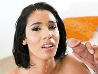 Dark haired Karmen Bella with enormous puffies gets spunk on face after warm deep throat